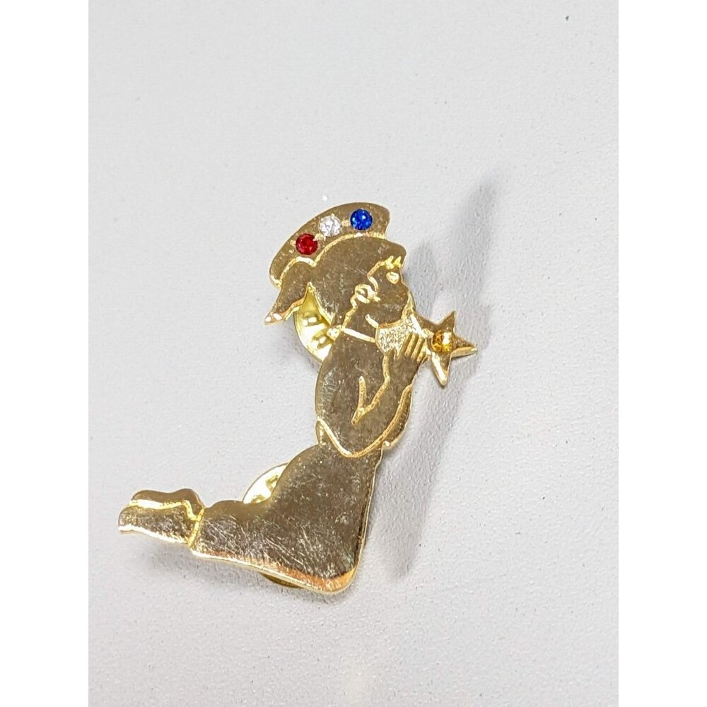 Vintage Gold Tone Red‎ White Blue Praying Angel Star Pin Brooch